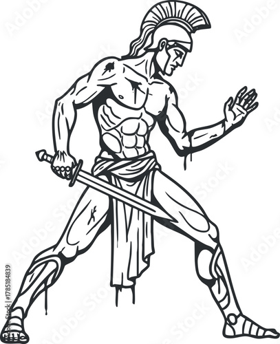 Detailed line art illustration of a heroic warrior in an action pose, perfect for mythological themes and design projects.