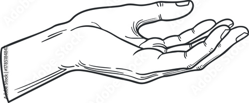 Outline vector illustration of an open hand gesture, suitable for communication, design projects, and expressive art.