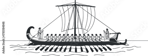 Black and white vector illustration of an ancient sailing ship with rowers, ideal for historical and maritime design projects