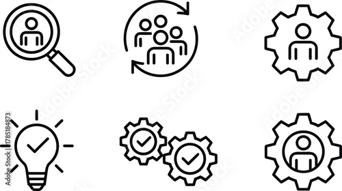 Business management icon set, HR process symbols, employee management, teamwork concept, productivity solutions, project planning, innovation, performance optimization design