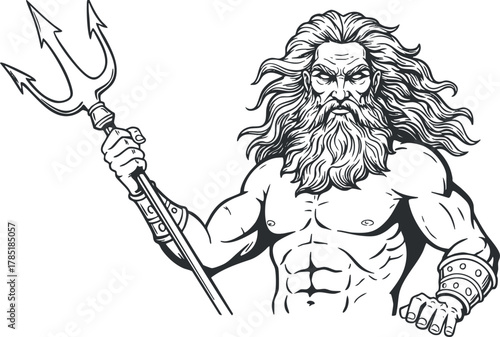 Detailed black and white vector illustration of a muscular sea god holding a trident, ideal for mythology-themed designs.