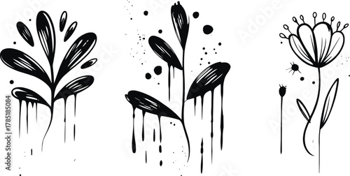 Abstract dripping floral art, black ink flower silhouettes, minimalist botanical illustration, modern nature design, tattoo style vector, artistic decor print