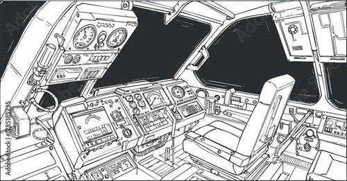 Detailed line art illustration of an airplane cockpit showcasing controls, instruments, and pilot seat for aviation design projects