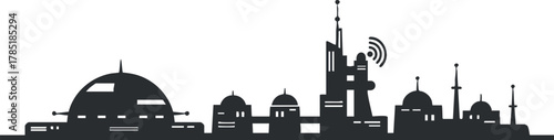 Silhouette vector illustration of a modern city skyline featuring iconic buildings and communication elements for design projects.