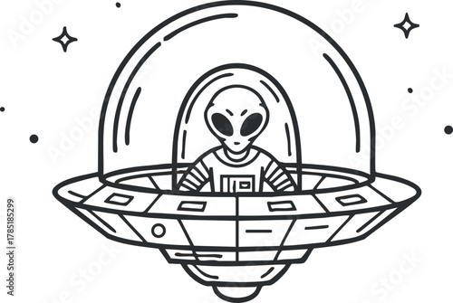 Outline vector illustration of an alien in a UFO spaceship, suitable for science fiction themes and creative projects