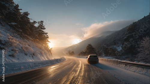 Car driving along a snowy mountain road at sunrise, glowing golden light reflecting on icy surface. Concept of freedom, winter travel and adventure lifestyle