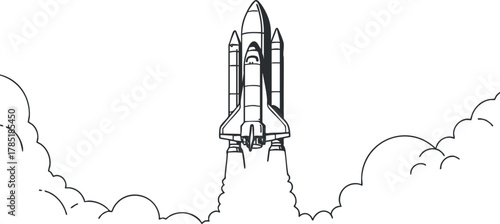 Outline vector illustration of a rocket launching into the sky surrounded by clouds, ideal for technology and exploration themes.