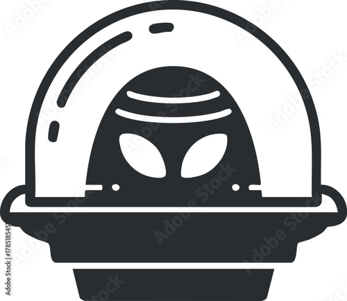 Minimalist black and white vector illustration of a UFO featuring an alien figure, ideal for sci-fi and mystery themes