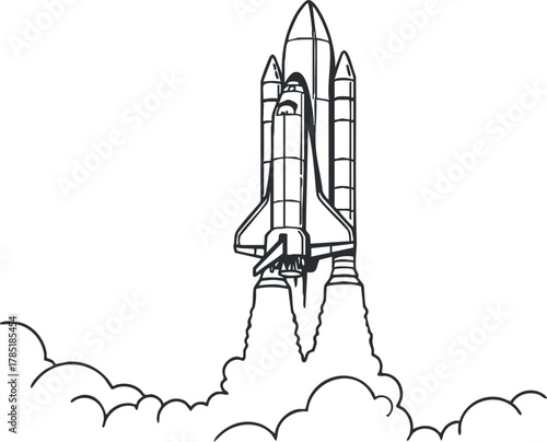 Outline vector illustration of a rocket launching into the sky with clouds for space exploration and technology themes