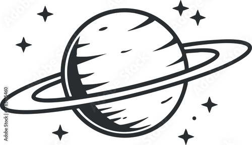 Outline vector illustration of a planet with rings and stars, perfect for cosmic-themed designs and educational materials
