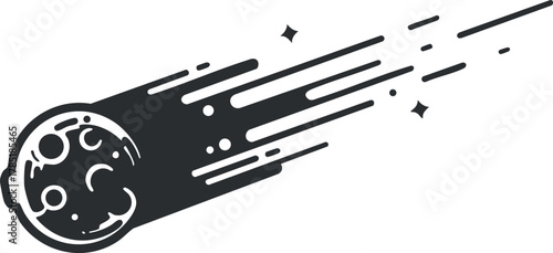 Stylized black and white vector illustration of a comet with a trailing tail, ideal for space-themed designs and educational projects