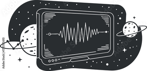 Stylized black and white vector illustration of a soundwave displayed on a monitor in a cosmic space setting