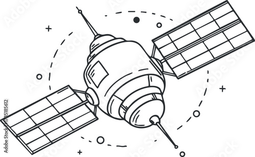 Geometric line art illustration of a satellite with solar panels, suitable for technology or space exploration projects