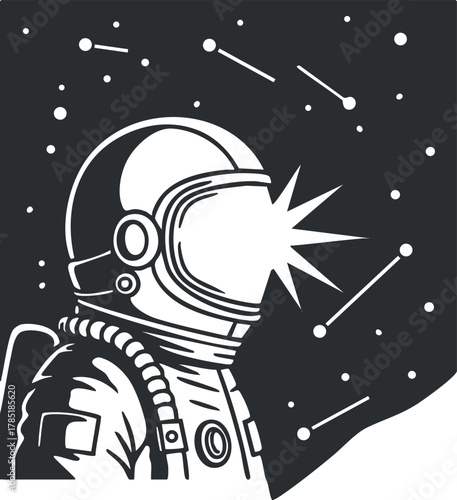 Stylized black and white vector illustration of an astronaut gazing at the stars in a cosmic setting