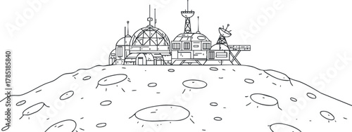 Outline vector illustration of a futuristic moon base featuring research facilities and communication towers for space exploration