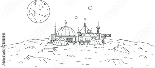 Outline vector illustration of a lunar base on the moon with domes and structures, ideal for space exploration themes