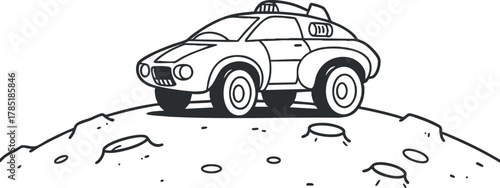 Outline vector illustration of a futuristic off-road car exploring the moon landscape, ideal for adventure and space-themed projects