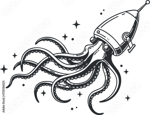 Whimsical black and white vector illustration of an octopus astronaut exploring space, perfect for creative design and artwork.