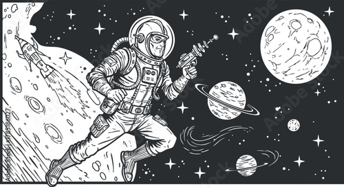 Detailed black and white vector illustration of an astronaut exploring space, surrounded by planets and stars in a cosmic setting