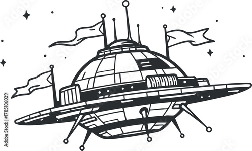 Whimsical black and white vector illustration of a futuristic spaceship design for sci-fi and creative projects