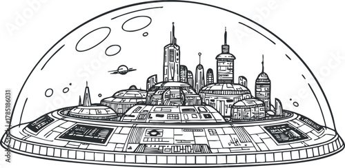 Futuristic cityscape under a dome in a detailed outline style, ideal for sci-fi themes and design projects