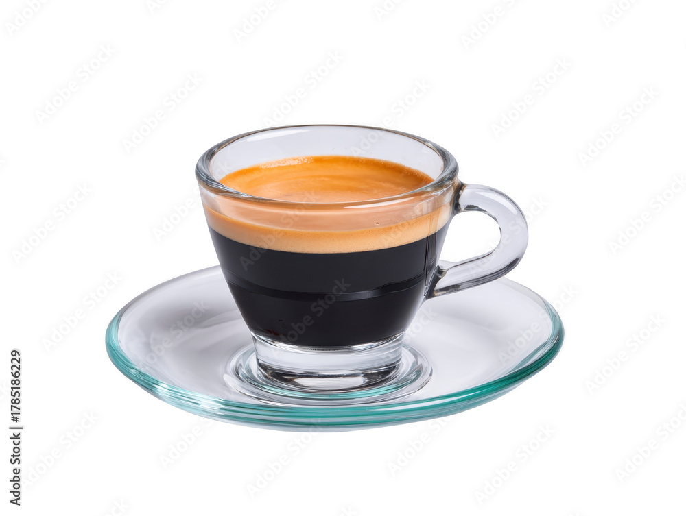 Naklejka premium Espresso coffee in clear glass cup with rich crema on glass saucer, isolated on transparency background, showcasing fresh, aromatic, and inviting beverage for morning energy and relaxation