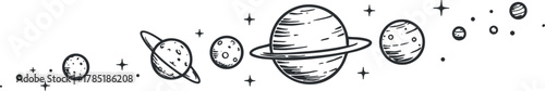 Black and white outline vector illustration of planets and stars in a cosmic theme for educational and design projects