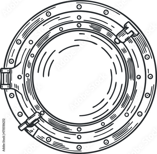 Vintage nautical porthole vector illustration featuring a round metal design, ideal for marine-themed projects and decor.