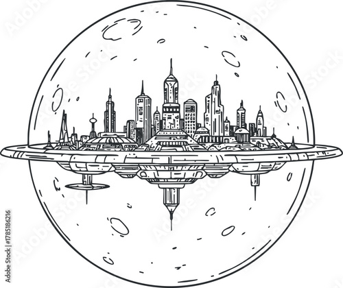 Outline vector illustration of a futuristic city floating in space, featuring a detailed skyline and planetary design for sci-fi projects.