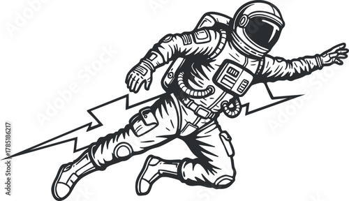 Dynamic black and white vector illustration of an astronaut in motion, ideal for space exploration themes and graphic design projects