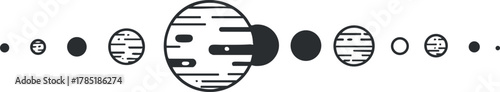 Geometric black and white vector illustration of a series of planets, ideal for space-themed design projects.