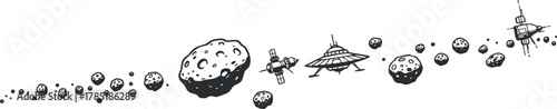 Hand-drawn black and white vector illustration of a space scene featuring asteroids, planets, and spacecraft for educational and design projects