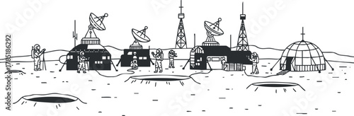 Futuristic minimalist vector illustration of a lunar base with astronauts, satellites, and communication towers for space exploration.
