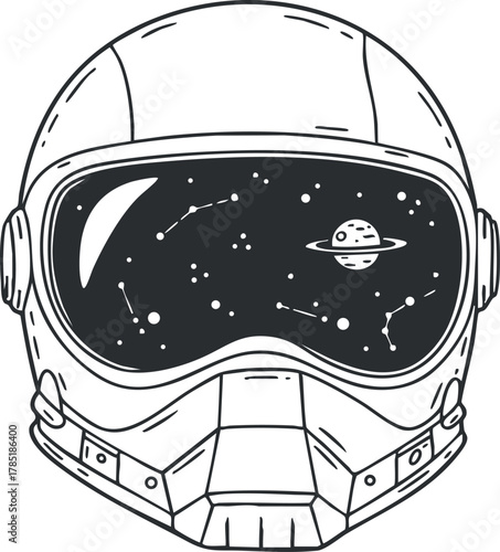 Stylized black and white vector illustration of an astronaut helmet featuring a cosmic view with planets and stars visible in the visor