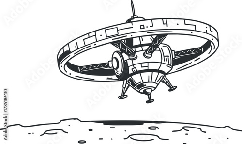Detailed black and white vector illustration of a futuristic spaceship landing on the moon, perfect for science fiction themes and technology designs