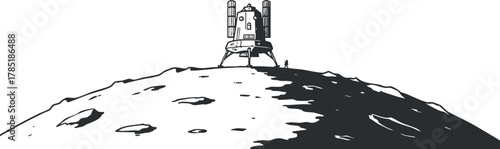 Minimalist black and white vector illustration of a rocket landing on the moon with an astronaut exploring the surface