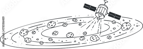 Minimalist black and white vector illustration of a satellite exploring asteroids in orbit, suitable for educational or scientific projects