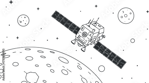 Minimalist line art vector illustration of a satellite orbiting a planet in outer space, ideal for educational and scientific projects