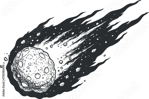 Dynamic vector illustration of a comet featuring a rocky body and a trailing tail, ideal for space-themed projects.
