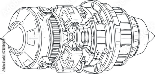 Detailed outline vector illustration of a jet engine, showcasing intricate mechanical components for aerospace technology and design projects
