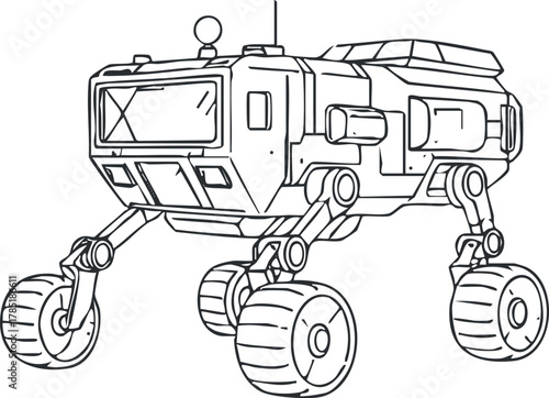 Outline vector illustration of a futuristic exploration rover designed for terrain navigation and scientific research