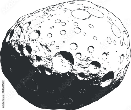 Outline vector illustration of an asteroid featuring detailed craters and a textured surface for science and space-related designs