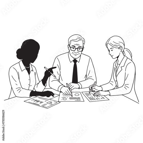 Business meeting with three professionals discussing documents