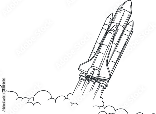 Minimalist black and white vector illustration of a rocket launching into space, ideal for educational and technology-themed projects