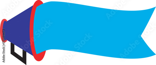 Blue megaphone with blank banner for communication and message