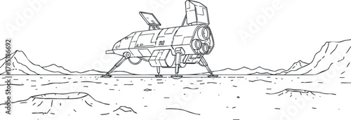 Outline vector illustration of a futuristic spaceship on an alien landscape, suitable for science fiction and space exploration themes