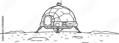 Minimalist line art illustration of a futuristic lunar habitat dome on the moon's surface for space exploration concepts