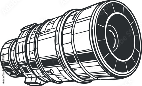 Detailed outline vector illustration of a jet engine, showcasing mechanical design for aviation and engineering concepts