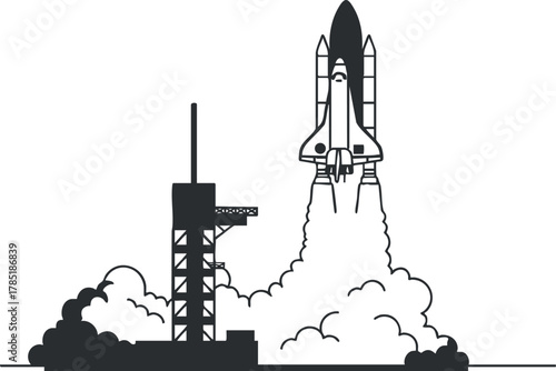 Minimalist black and white vector illustration of a rocket launching from a launchpad, ideal for technology and space-themed projects