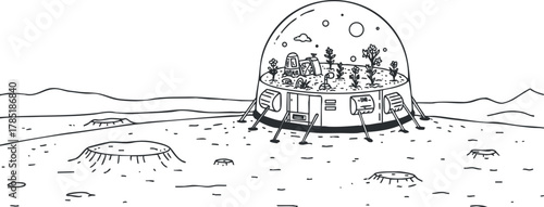 Black and white vector illustration of a futuristic moon habitat dome with plants, ideal for space exploration and sustainability themes